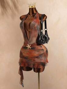 SaltGleam SaltGleam Spring/Summer New Stylish Sexy Elegant Metal Starfish Ruched Ruffle Tie V-Neck Women Casual Dress - Multicolor - View 7