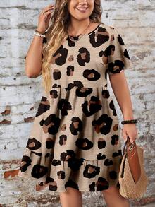 EMERY ROSE 休闲简约豹纹宽松圆领短袖大码连衣裙，适合夏季穿着，时尚百搭。 - 卡其色 - 查看 4