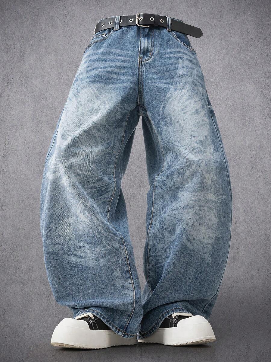 Manfinity Denimwave Jeans casuales de corte recto y suelto con lavado claro, estampado gráfico de ángel láser, estilo callejero, /verano - Azul - Ver 1