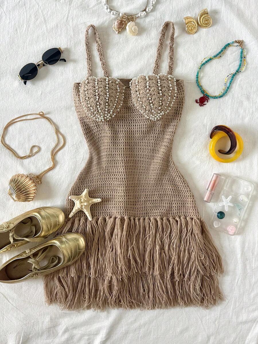 Soleia Shell Cup Tassel Hem Spaghetti Strap Fitted Mini Dress, Bohemian, Boho, Vacation, Suitable For Valentine's Day Date, Spring/Summer - Khaki - View 1