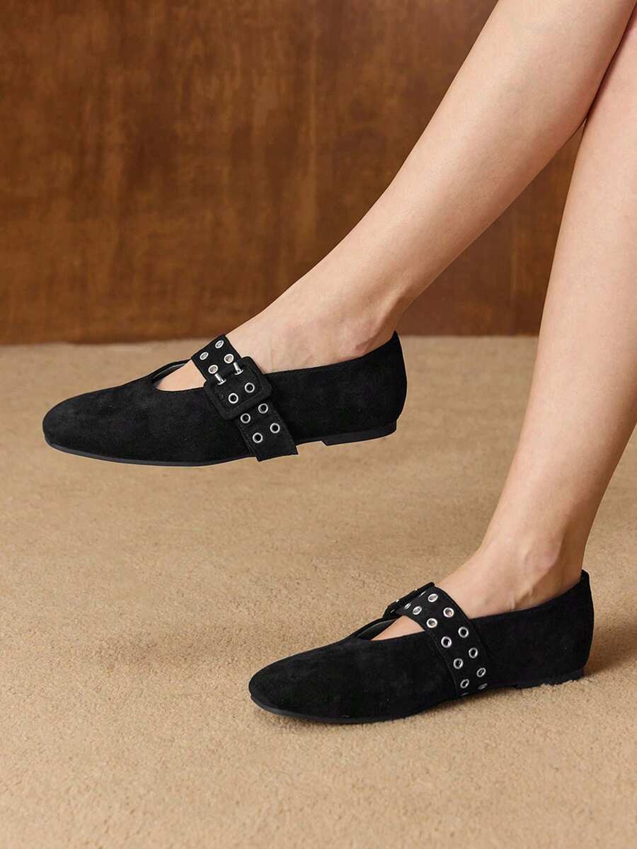 MOTF PREMIUM WOMEN GROMMET EYELET FLATS SPRING SHOES - Black - View 1