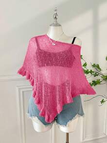 SHEIN EZwear 大码女式夏季外出及海滩度假荷叶边半透明钩针毛衣 - 玫紅色 - 查看 3
