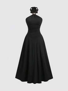 Sweetra New Fashion Metal Buckle Crossed Bowknot Waist Ruched Dress, Elegant Office Lady Party Evening Gown, Palace Style, Black - Black - View 1
