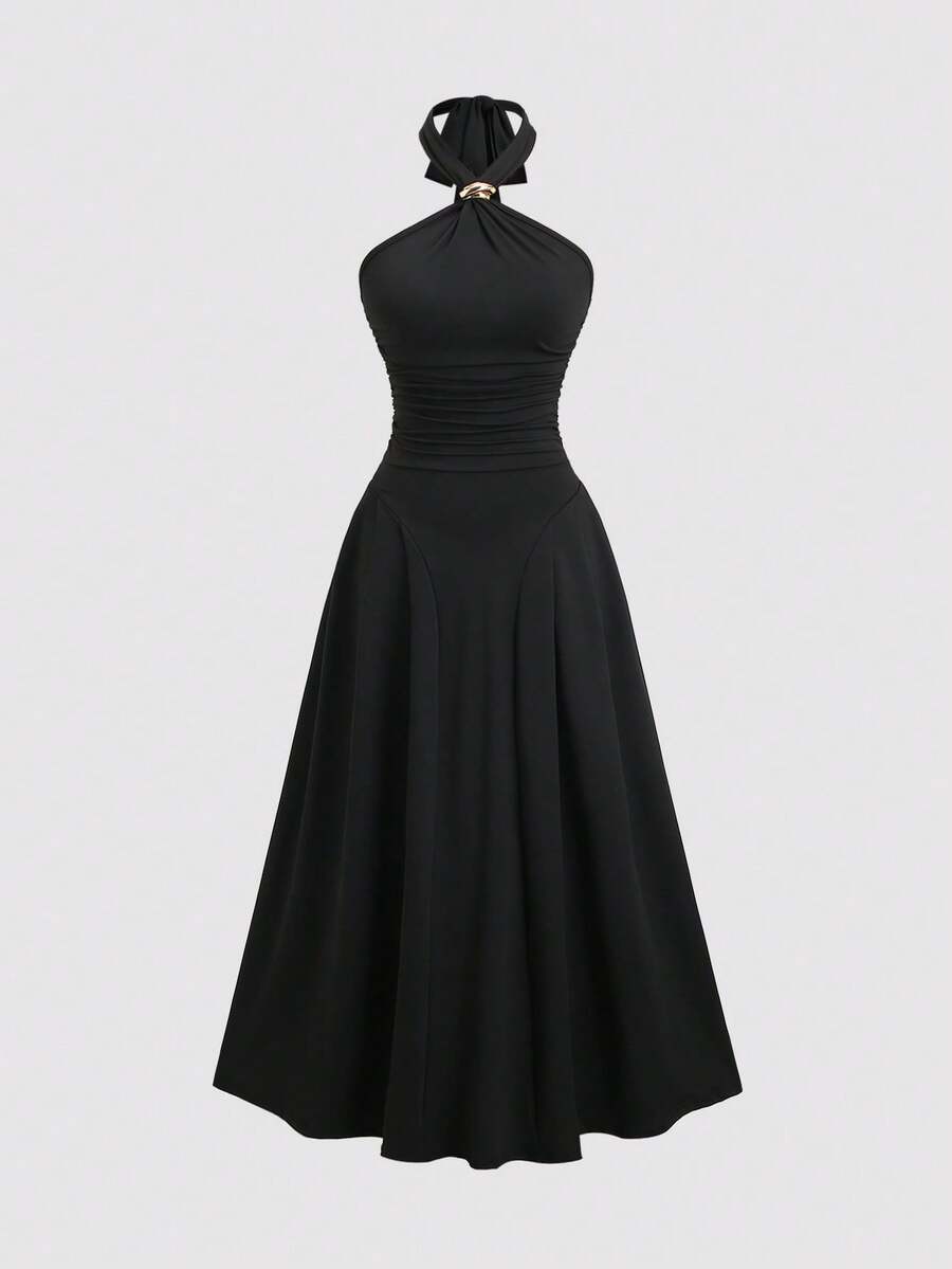 Sweetra New Fashion Metal Buckle Crossed Bowknot Waist Ruched Dress, Elegant Office Lady Party Evening Gown, Palace Style, Black - Black - View 1