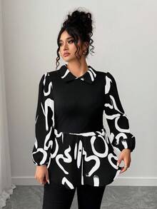 Elenzga Camisa de manga larga con cuello vuelto y estampado de color contrastante para tallas grandes - Negro - Ver 5