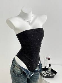 Elamini Casual Versatile Sequin Ruched Bandeau Bodysuit For Women, Black, Spring/Summer - Black - View 1