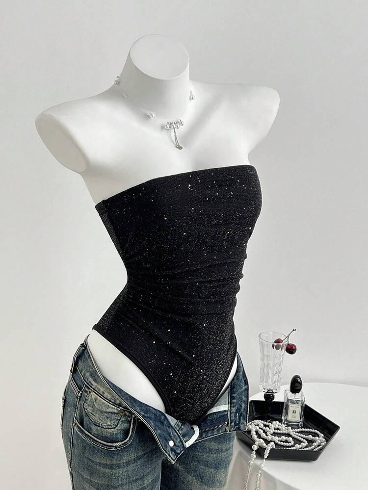 Elamini Casual Versatile Sequin Ruched Bandeau Bodysuit For Women, Black, Spring/Summer - Black - View 3