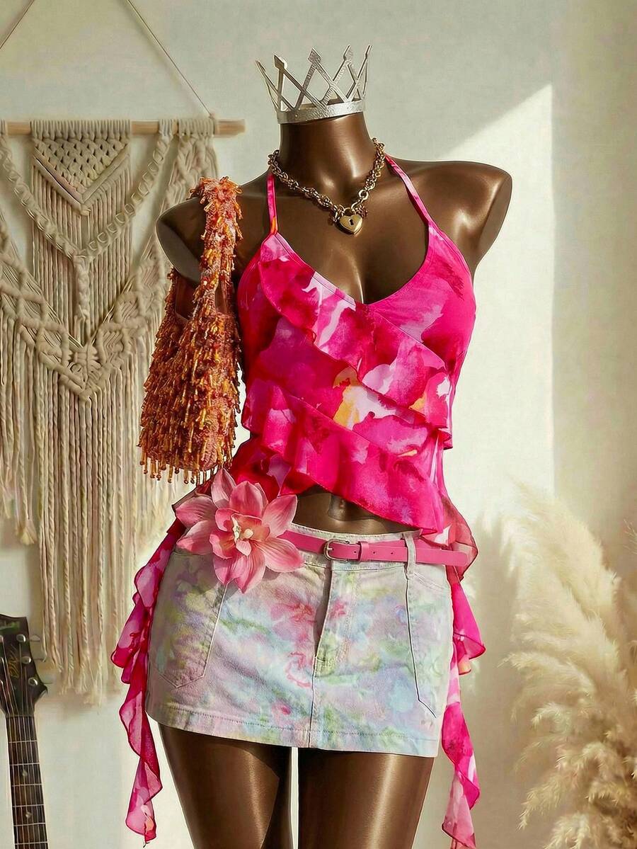 Elin Vora 女士吊带系带层叠荷叶边V领浪漫印花上衣，适合度假和约会