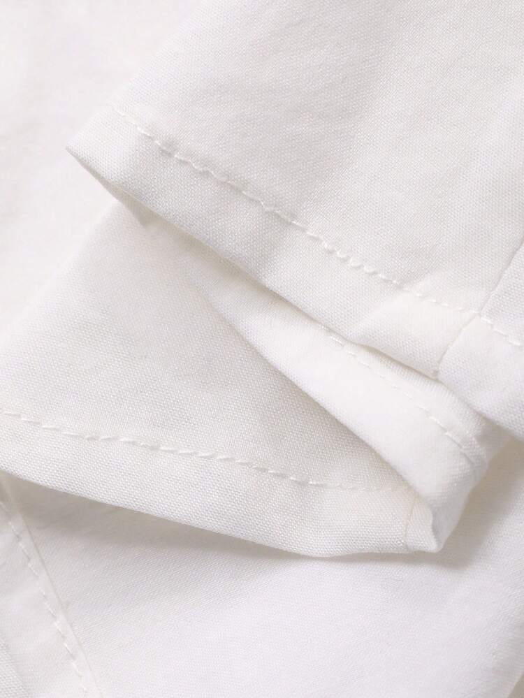 Women's White Collar Tie Waist Slim Fit Solid Color Shirt, Summer Vacation Outfit