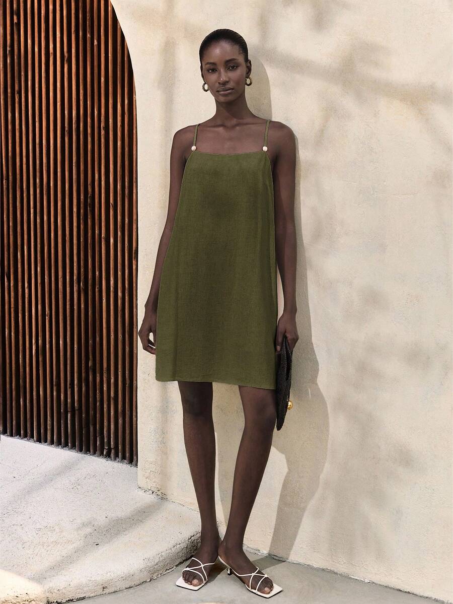 Ontre Women's Spaghetti Strap Mini Dress, Beaded Strap Bohemian Style Vacation Beach Dress, Elegant Casual Dress For Outdoor - Army Green - View 1