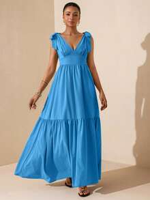 Lyxana Women's Bright Blue V-Neck Tie-Up Sleeveless Dress - Blue - View 1