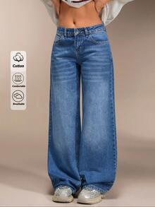 SHEIN Quần jean ống rộng túi chéo - Rửa trung bình - Xem 10