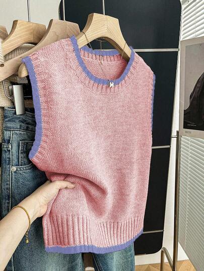 Franclia Casual Loose Crew Neck Sleeveless Contrast Trim Knit Top For Women, Spring/Autumn Sweater Vest For Women Knitted Tops Light Pink Sweater Vest Knit Top Women