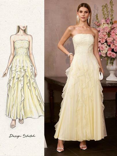 MOTF Soiréza WOMEN'S SPRING LACE ROMANTIC RUFFLE HEM STRAPLESS COCKTAIL PARTY DRESS