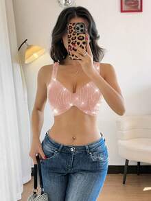 Trelyra 优雅性感露背亮片短款上衣，适合派对、约会、春夏穿着。浅粉色亮片短款上衣，蝴蝶结上衣，性感夏季上衣，水钻上衣，亮片上衣，腮红粉色上衣，吊带上衣，绑带亮片上衣，派对短款上衣，女士上衣 - 淺粉色 - 查看 3