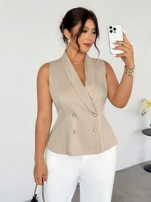 Firerie Plus Size Summer Casual/Office Solid Color Double-Breasted Vest Fall/Winter - Apricot - View 3