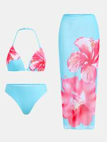 少女印花比基尼套装，挂脖比基尼上衣和裙子三件套，适合海滩度假 - 藍色 - 查看 9