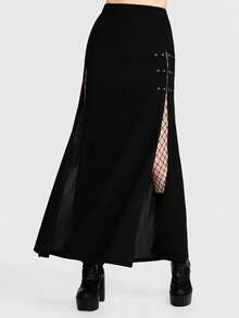 Breakform Gothic Sexy Gothic Punk Black Sexy Music Festival Women's Gothic Sexy Side High Slit Skirt With Metal Grommet Adjustable Waist Elastic Waistband - Black - View 4