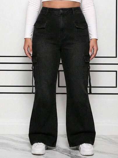 Pantalones Cargo Campana para Mujer Talla Grande - Corte Ligero de Campana con Múltiples Bolsillos y Cintas Ajustables. ¡Tu Look Casual Perfecto!