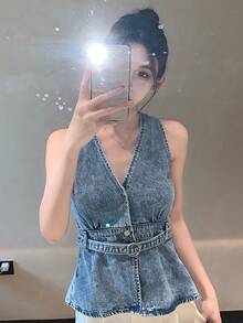 DAZY 女士V领韩版做旧牛仔休闲衬衫 - 藍色 - 查看 3