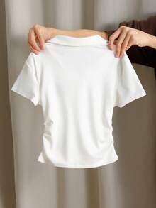 SHEIN Tween Girl Spring/Summer Casual Horse Racing Embroidered Ribbed Polo Collar T-Shirt, White - White - View 2