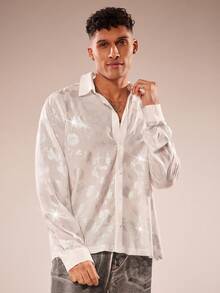 FeverCity Men's Shiny Floral Pattern Lapel Button-Up Shirt - White - View 4
