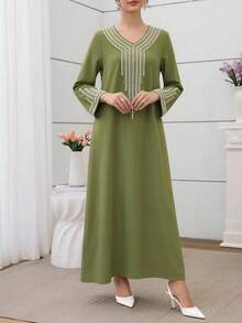 Al Najma Bata suelta bordada con cuentas para mujeres para Eid - Verde militar - Ver 4