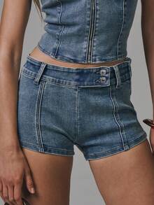 MUSERA Shorts vaqueros mini asimétricos con botones, ropa de calle linda para invierno, salir, casual, estilo occidental, desteñidos, de verano - Azul - Ver 1