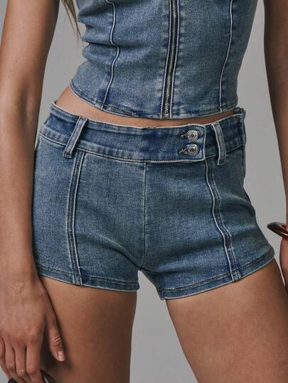 MUSERA Asymmetric Button Mini Denim Shorts Winter Cute Streetwear Going Out Casual Western Born Faded