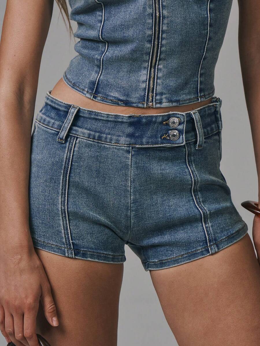MUSERA Shorts vaqueros mini asimétricos con botones, ropa de calle linda para invierno, salir, casual, estilo occidental, desteñidos, de verano - Azul - Ver 1