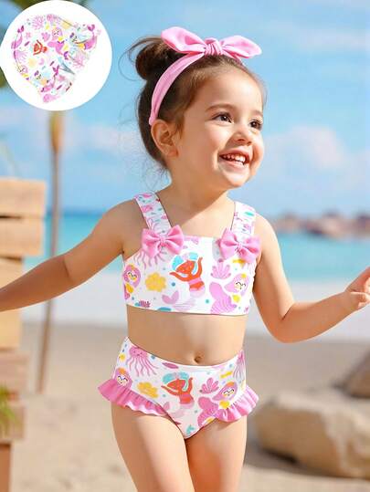 Baby Girl Cartoon Graphic Bow Detail Ruffle Trim Bikini Swimsuit With Headband