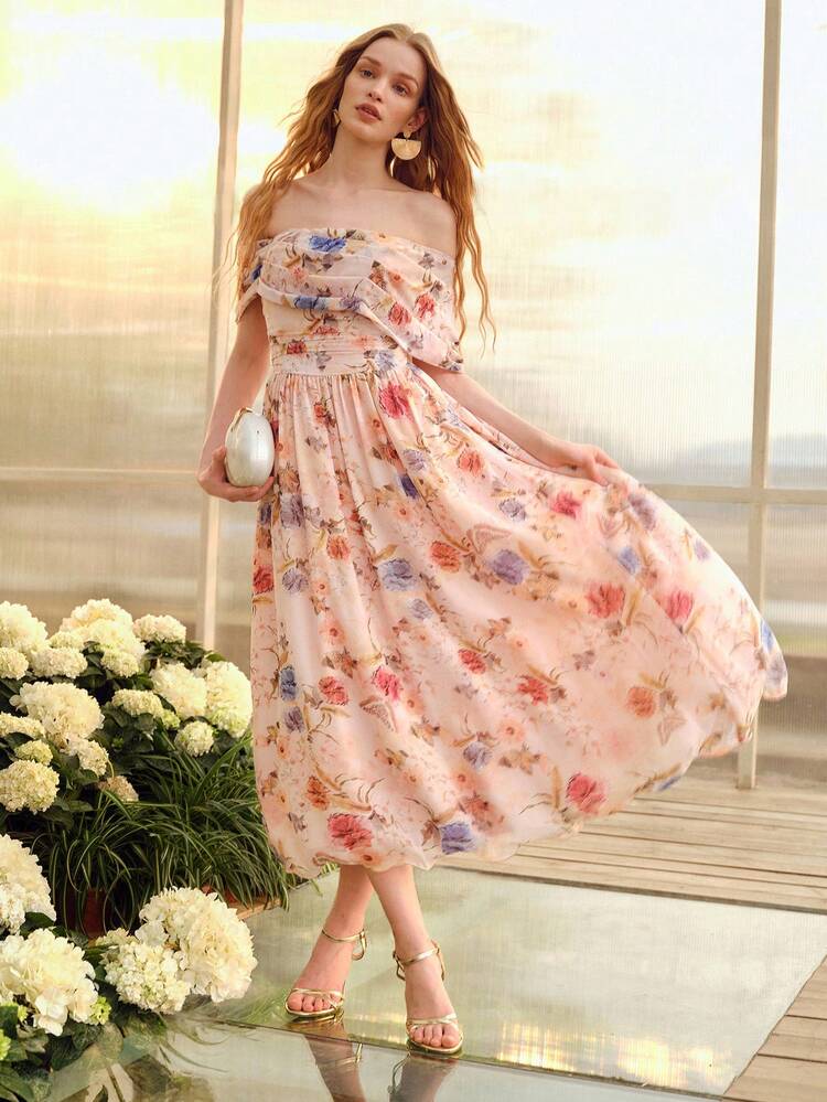 VESTIDO ENVELOPE ESTAMPADO COM FLORES ROMÂNTICO PARA MULHERES, PRIMAVERA/VERÃO