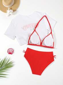 New Stylish Teen Girls 3pcs Solid Color Graphic Print Bikini Swimsuit Set - Red - View 2