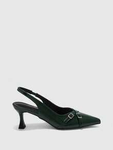 CUCCOO BIZCHIC Bombas de tacón de gatito con punta puntiaguda de material de PU, adecuadas para el uso diario, el trabajo y las fiestas - Verde Oscuro - Ver 2