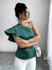 SHEIN Raffinéa 优雅法式风格缎面单肩荷叶边喇叭袖褶裥腰身浪漫约会优雅办公通勤日常时尚校园派对生日旅行夏季新款女式衬衫 - 墨綠色 - 查看 4