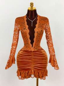 Amplova Christmas Vibe Deep V Waist Cinched Bodycon Mini Dress ,Summer Dress,Spring Dresses For Women - Orange - View 4