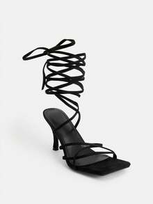 Glitzique 女士黑色方头交叉绑带细高跟凉鞋，性感派对时尚简约舒适高跟鞋，增高增腿长 - 黑色 - 查看 7