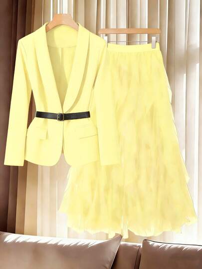 Franclia Plus Size Women's Elegant Elegant Office Commute Shawl Neck Belted Blazer And Multi-Layer Tulle Skirt Suit