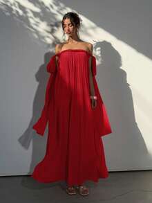 Aloruh Vestido maxi holgado de gasa plisada con hombros descubiertos y lazo de cuerda, estilo de diosa rosa, primavera/verano - Rojo - Ver 4
