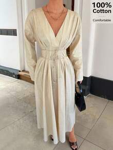 Siren Gaze 性感V领褶皱系腰长袍，休闲宽松高腰纯色长袍，适合办公室女士通勤，时尚单排扣腰带垂褶V领无袖女式连衣裙，独特假日派对装扮，复古秋冬女装 - 杏色 - 查看 3