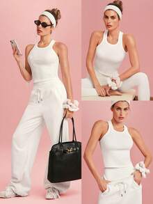 GLOWMODE 情人节罗纹匹马棉褶皱修身露背短款背心，日常休闲穿着 - 白色 - 查看 10