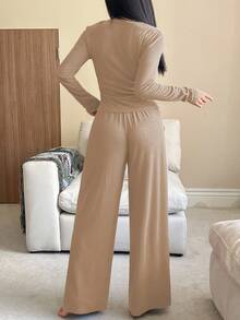 DAZY 2pcs/Set Women Casual Knit Cardigan Top And Loose Pajama Pants Homewear Set, Spring - Khaki - View 2