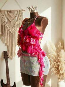 Elin Vora 女士吊带系带层叠荷叶边V领浪漫印花上衣，适合度假和约会 - 玫紅色 - 查看 6