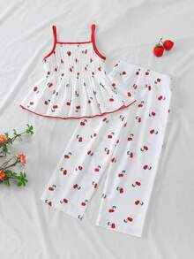 Elladie kids 新款女童4-7岁春夏数码印花樱桃图案无袖上衣和配套长裤两件套，适合休闲、度假、时尚穿着、上学、旅行、户外活动 - 紅白色 - 查看 2