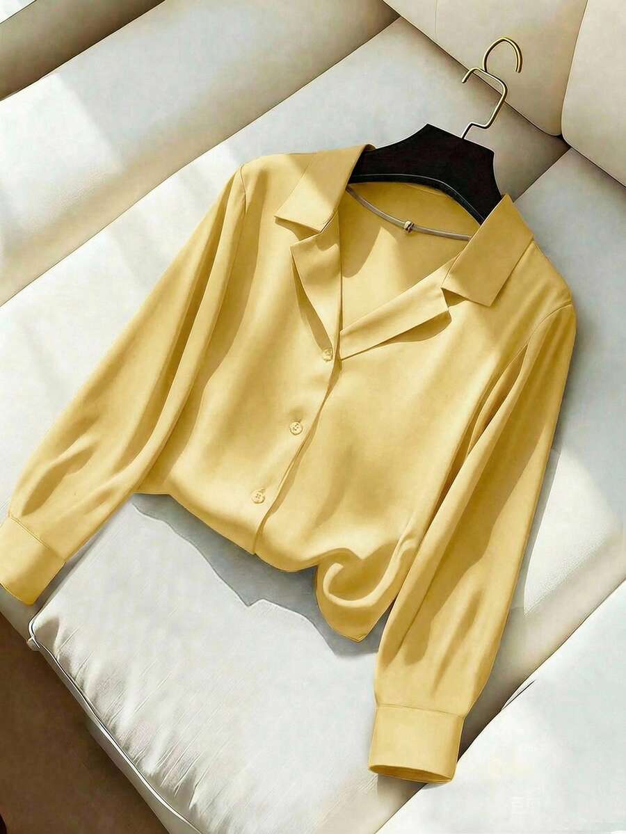 SHEIN LUNE 新款宽松V领长袖休闲女式衬衫 - 黃色 - 查看 1