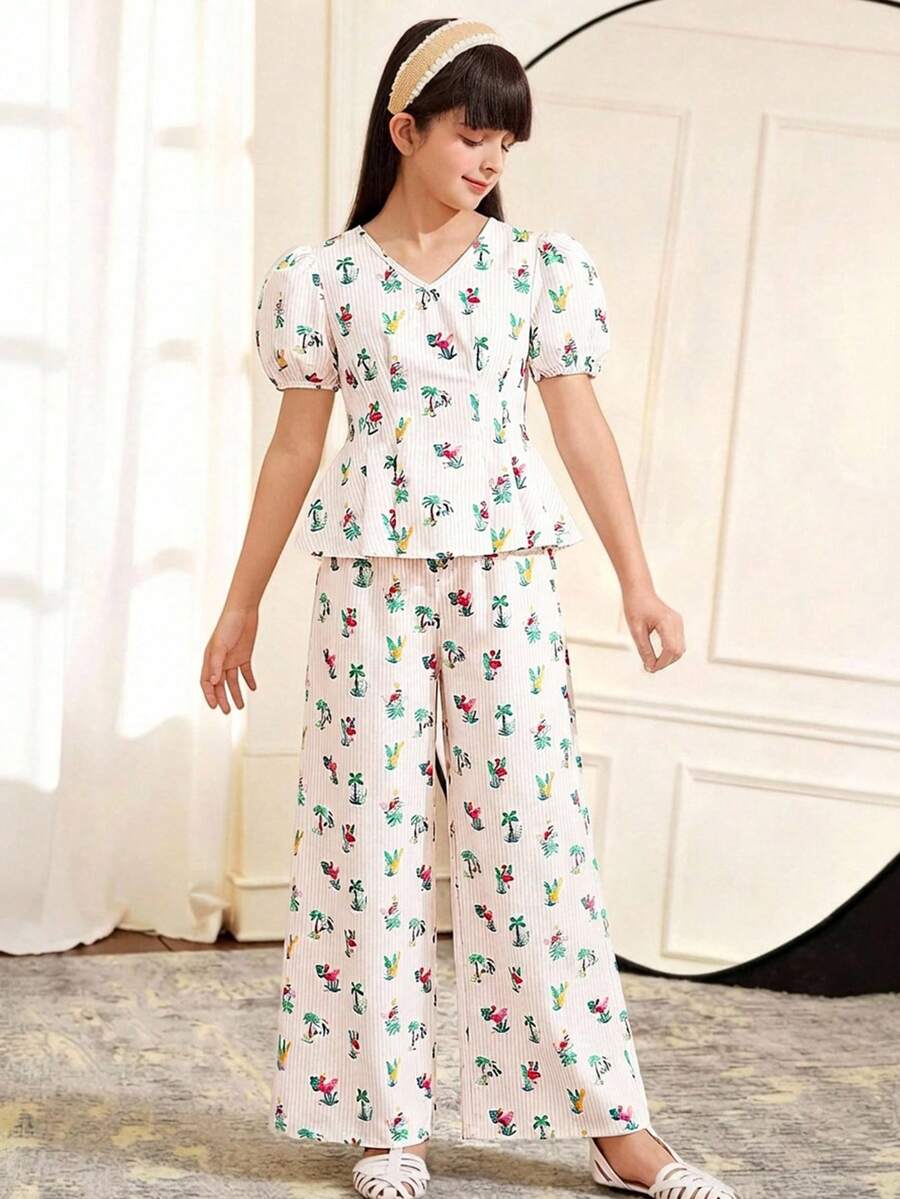 Tween Girl Floral Print Sleeveless Top And Straight Leg Pants Set, Elegant - Beige - View 1
