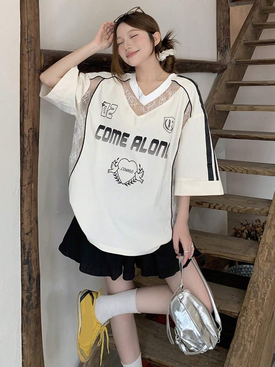 DAZY 女士V领数字印花撞色蕾丝宽松街头T恤 - 白色 - 查看 1