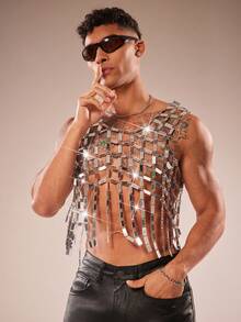 FeverCity 男士亮片镂空性感无袖背心 - 銀色 - 查看 7