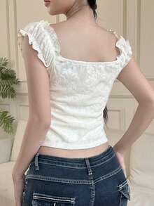 DAZY Áo cardigan nữ tay ngắn cổ vuông thắt nơ eo, chất liệu vải có họa tiết, dáng ôm, kiểu dáng ngắn, phong cách thường ngày. - trắng - Xem 4