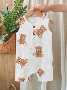 SHEIN Vintaside Kids 男婴休闲可爱小熊印花连体衣，圆领无袖，适合日常穿着、外出和度假，春夏款 - 白色 - 查看 4